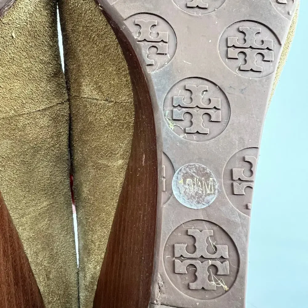 Tory Burch Sophie Olive Brown Suede Leather Logo Wedge Pumps classic Size 10.5